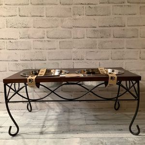 Pet Feeder with Wood Top & Curved Metal Legs